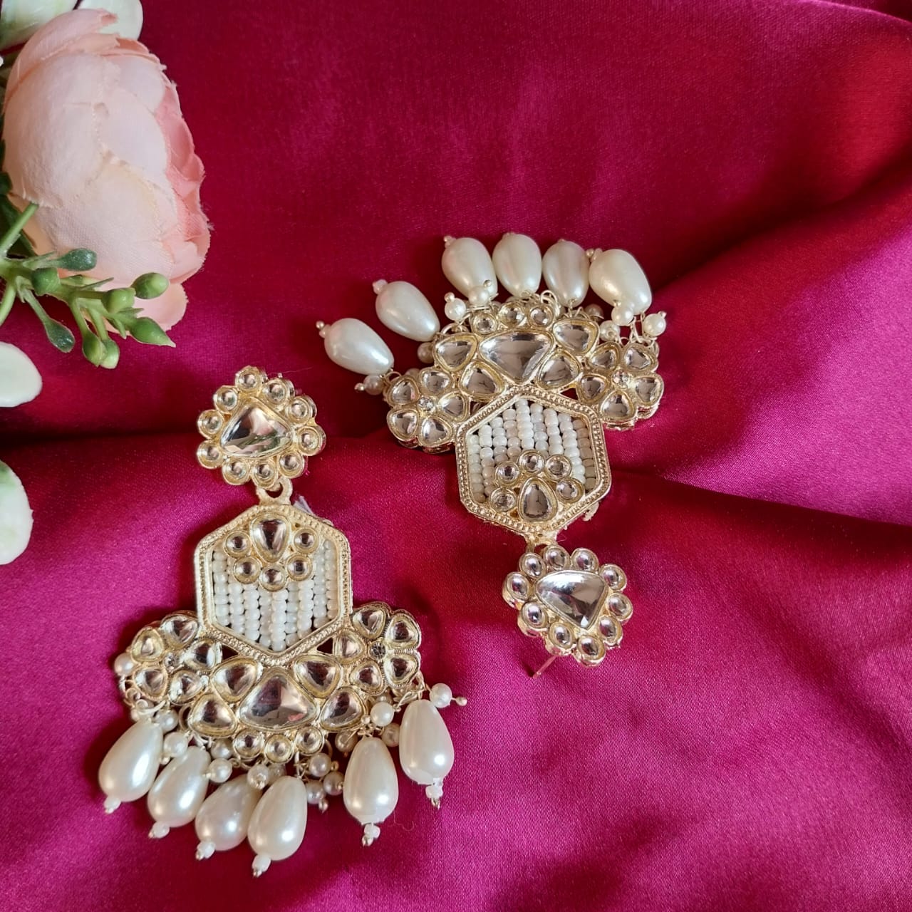 Royal Mirror Kundan Pearl Dangler Earrings