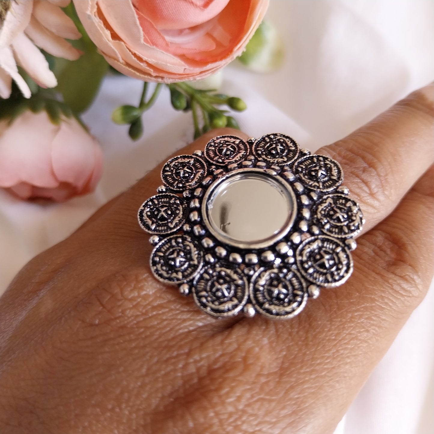 Antique Silver Mirror Work Adjustable Finger Ring