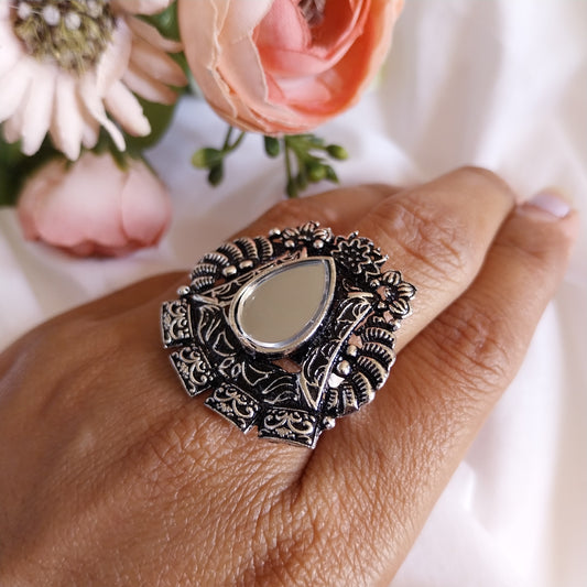 Antique Oxidized Silver Teardrop Mirror Adjustable Finger Ring