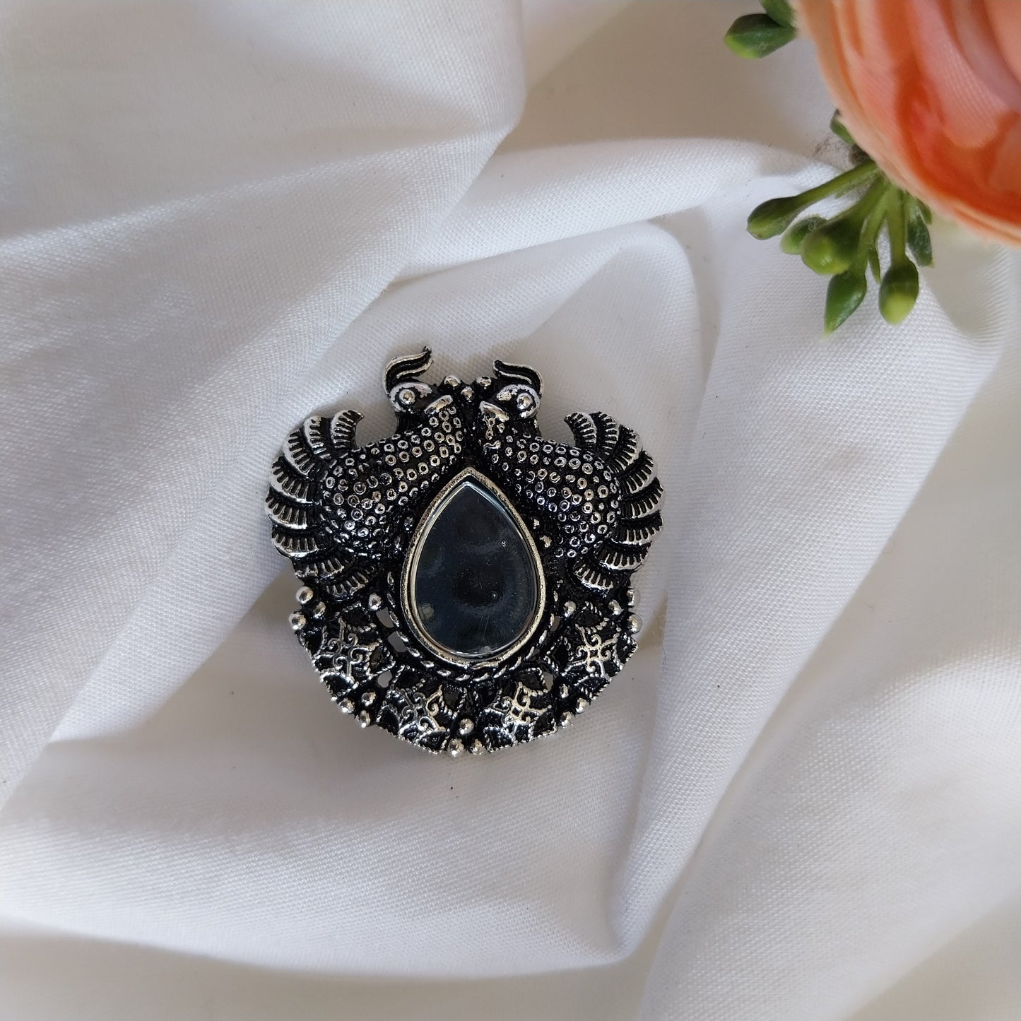 Antique Oxidized Silver Peacock Design Teardrop Mirror Adjustable Finger Ring
