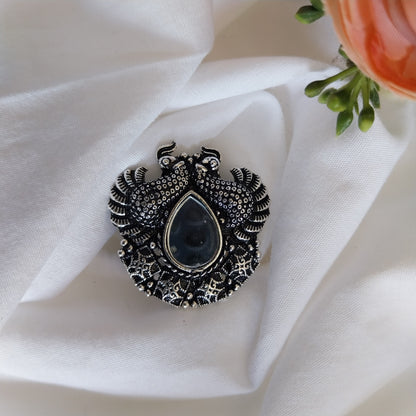 Antique Oxidized Silver Peacock Design Teardrop Mirror Adjustable Finger Ring