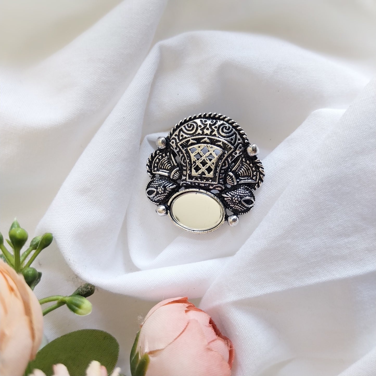 Antique Oxidized Silver Oval Mirror Adjustable Finger Ring