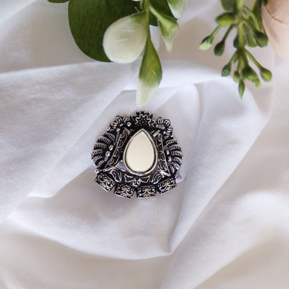 Antique Oxidized Silver Teardrop Mirror Adjustable Finger Ring