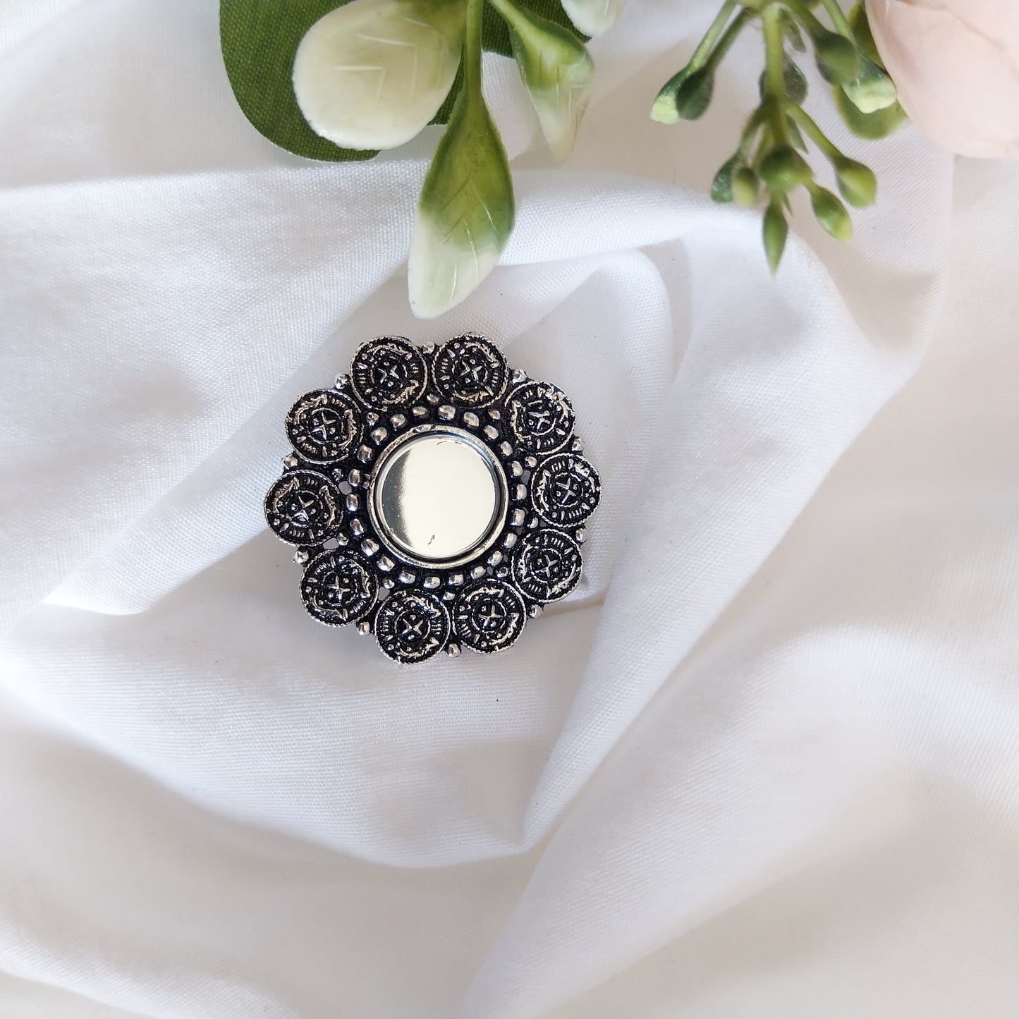 Antique Silver Mirror Work Adjustable Finger Ring