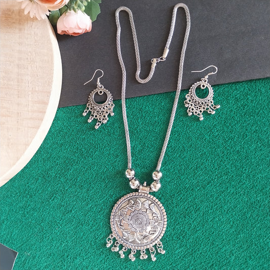 Antique Oxidized Silver Round Pendant Necklace Set with Earrings