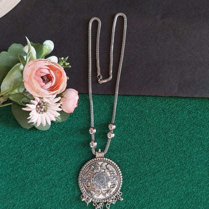 Antique Oxidized Silver Round Pendant Necklace Set with Earrings
