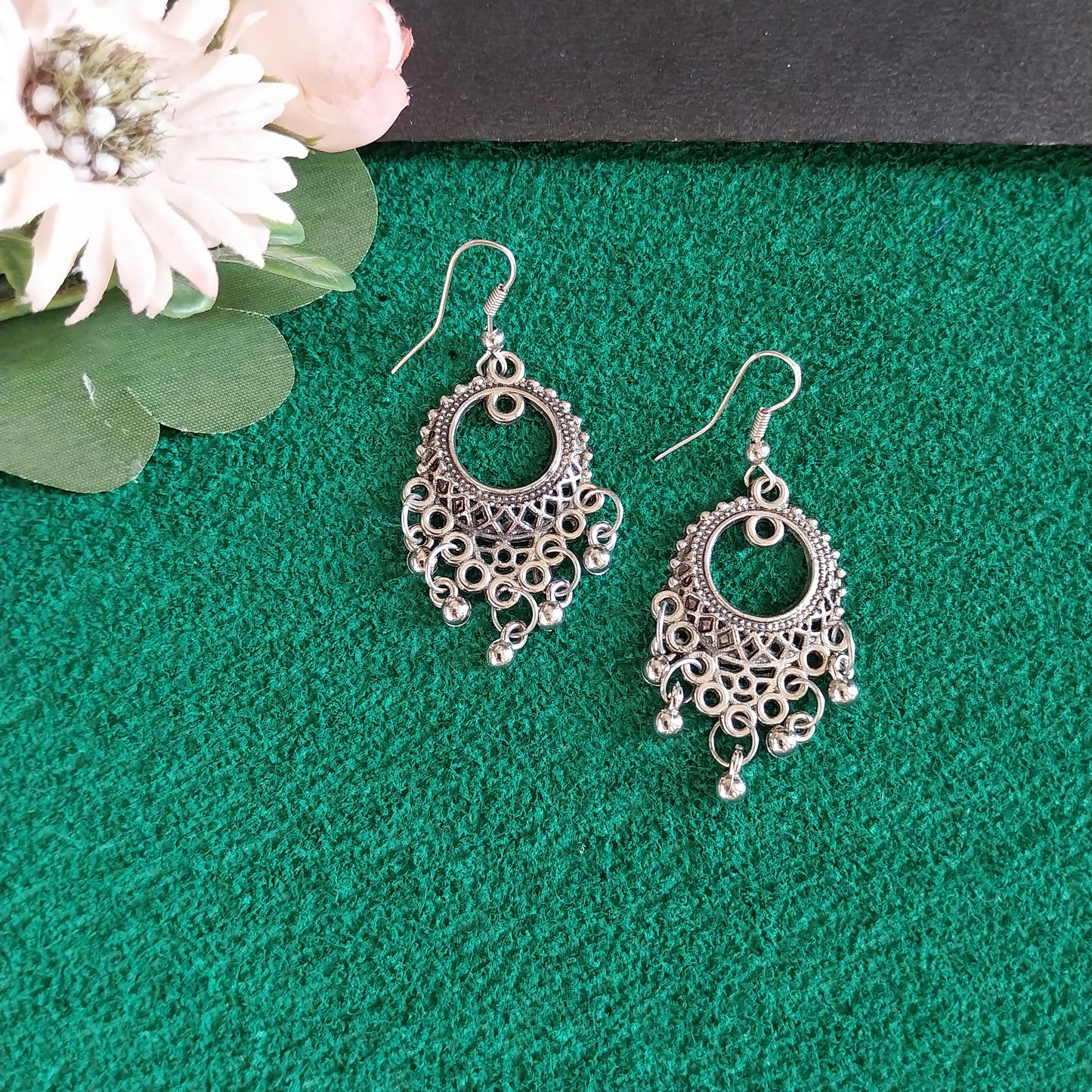 Antique Oxidized Silver Round Pendant Necklace Set with Earrings