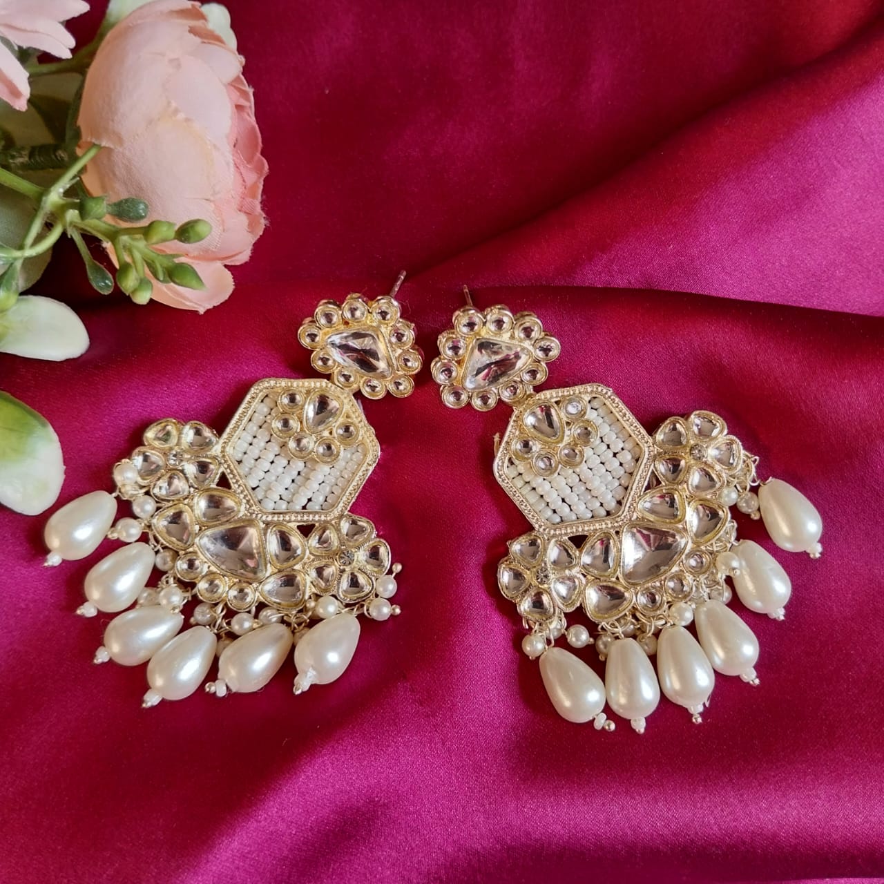 Royal Mirror Kundan Pearl Dangler Earrings